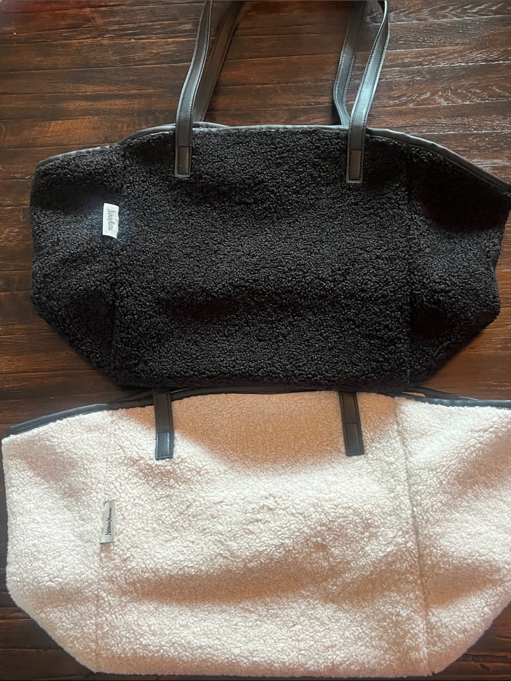 Lot of 2 neiman marcus  Sherpa Tote Bags- black/black, cream/black